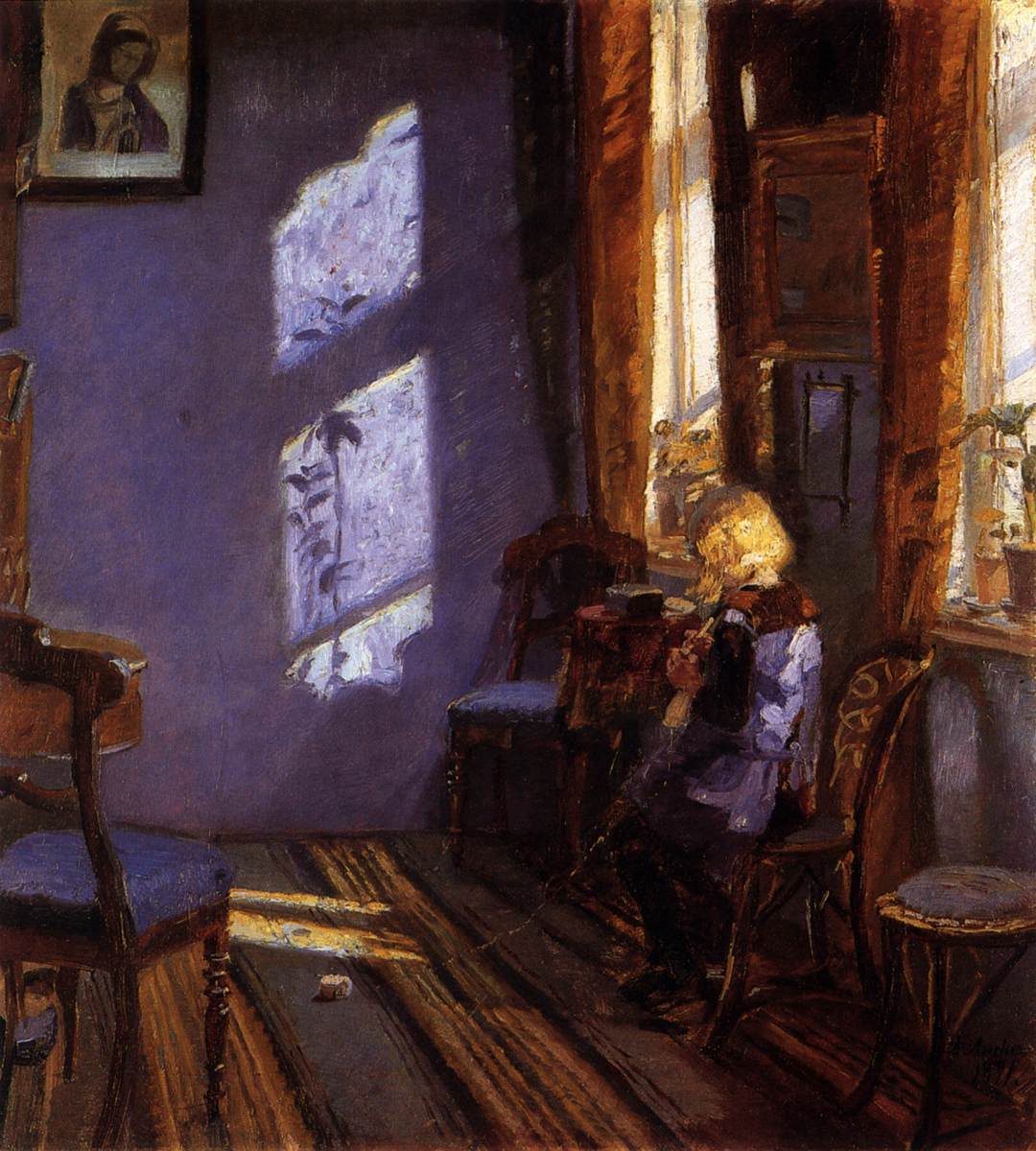 Sunlight in the Blue Room. Helga Ancher Knitting in her Grandmother's Room