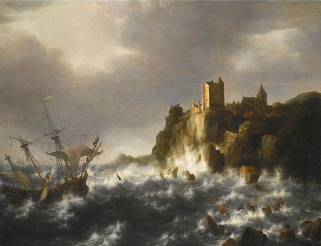 Shipwreck in Stormy Seas, near a Rocky Coast