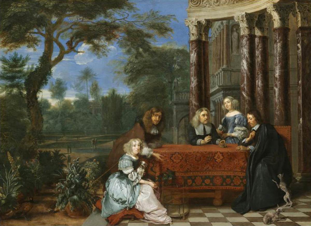 Family Seated at a Table in an Elegant Garden Exterior