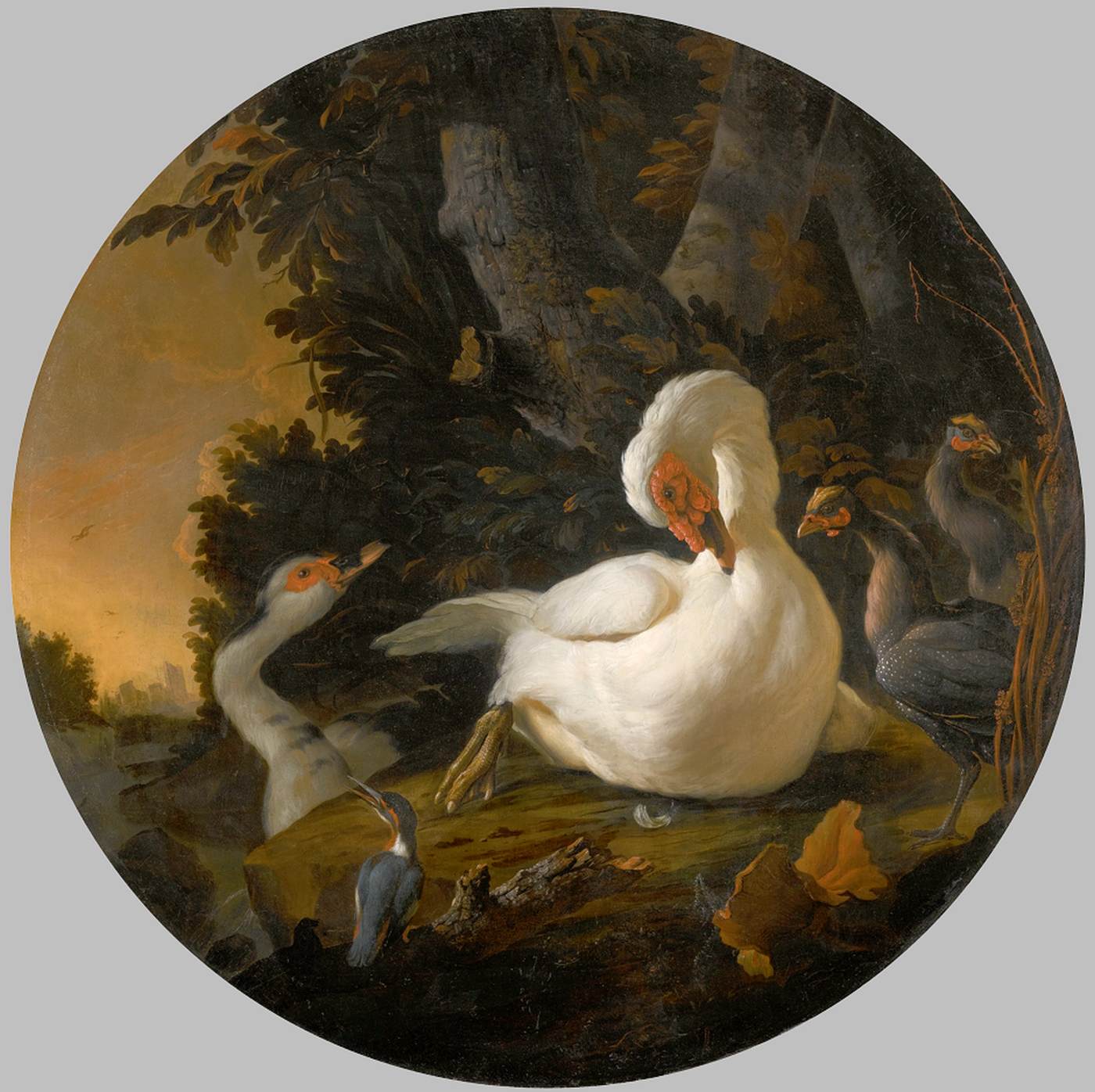 A Mute Swan, a Goose, and Other Fowl on a Wooded River Bank