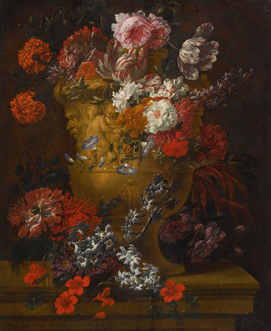 Still-Life of Flowers in Sculpted Stone Urn