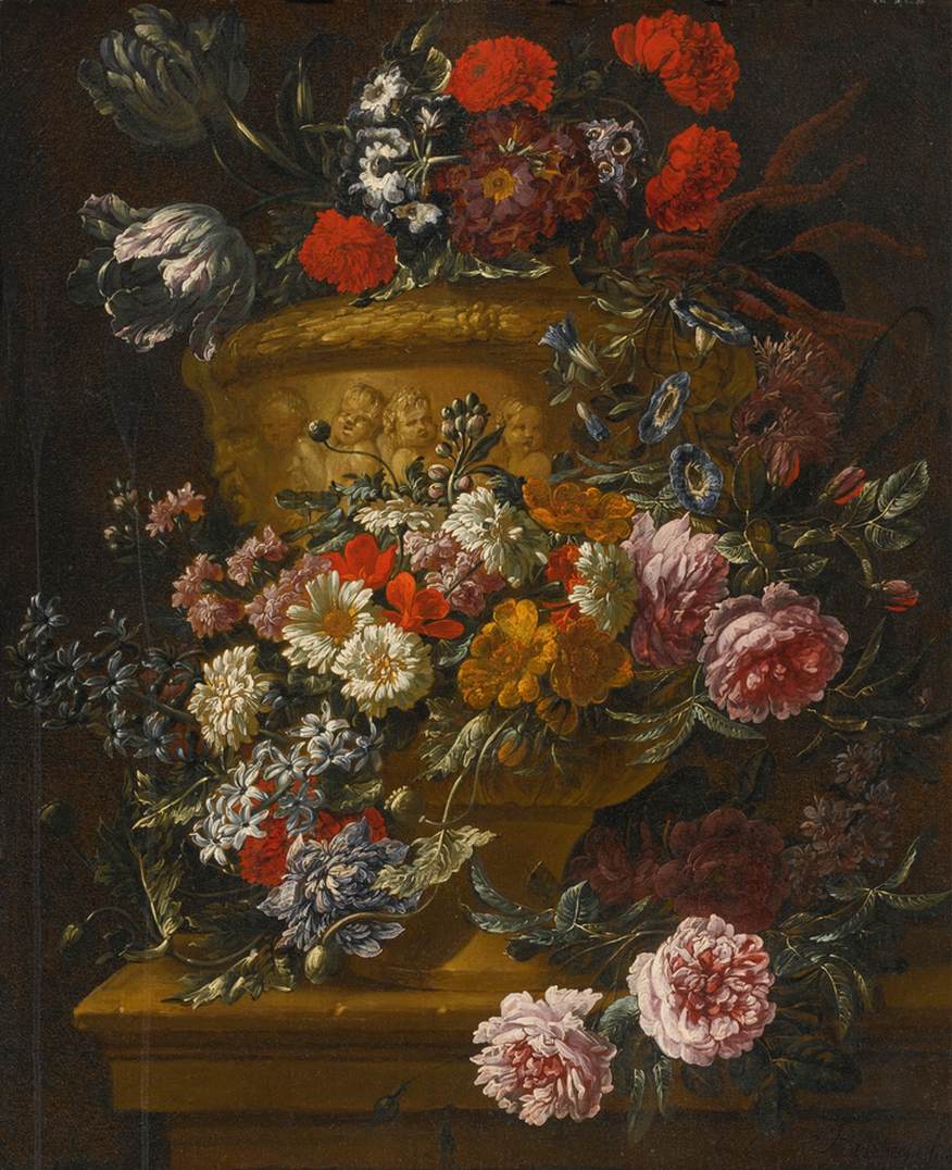 Still-Life of Flowers in Sculpted Stone Urn