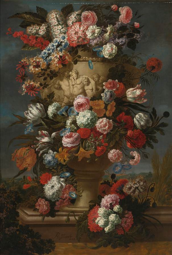 Flowers in a Sculpted Urn in a Landscape