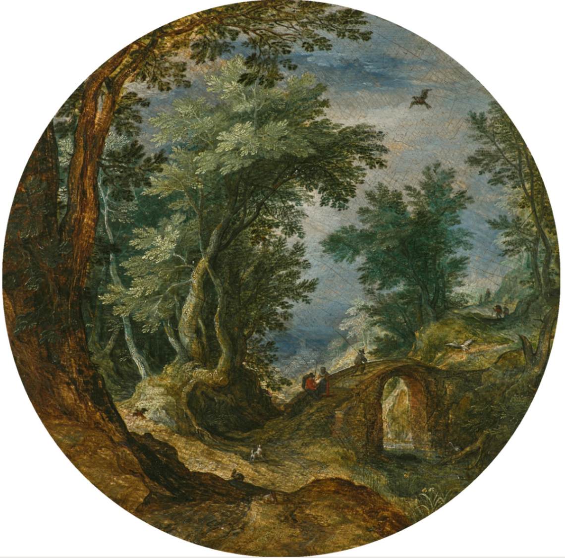 Wooded Landscape with Figures Crossing a Bridge