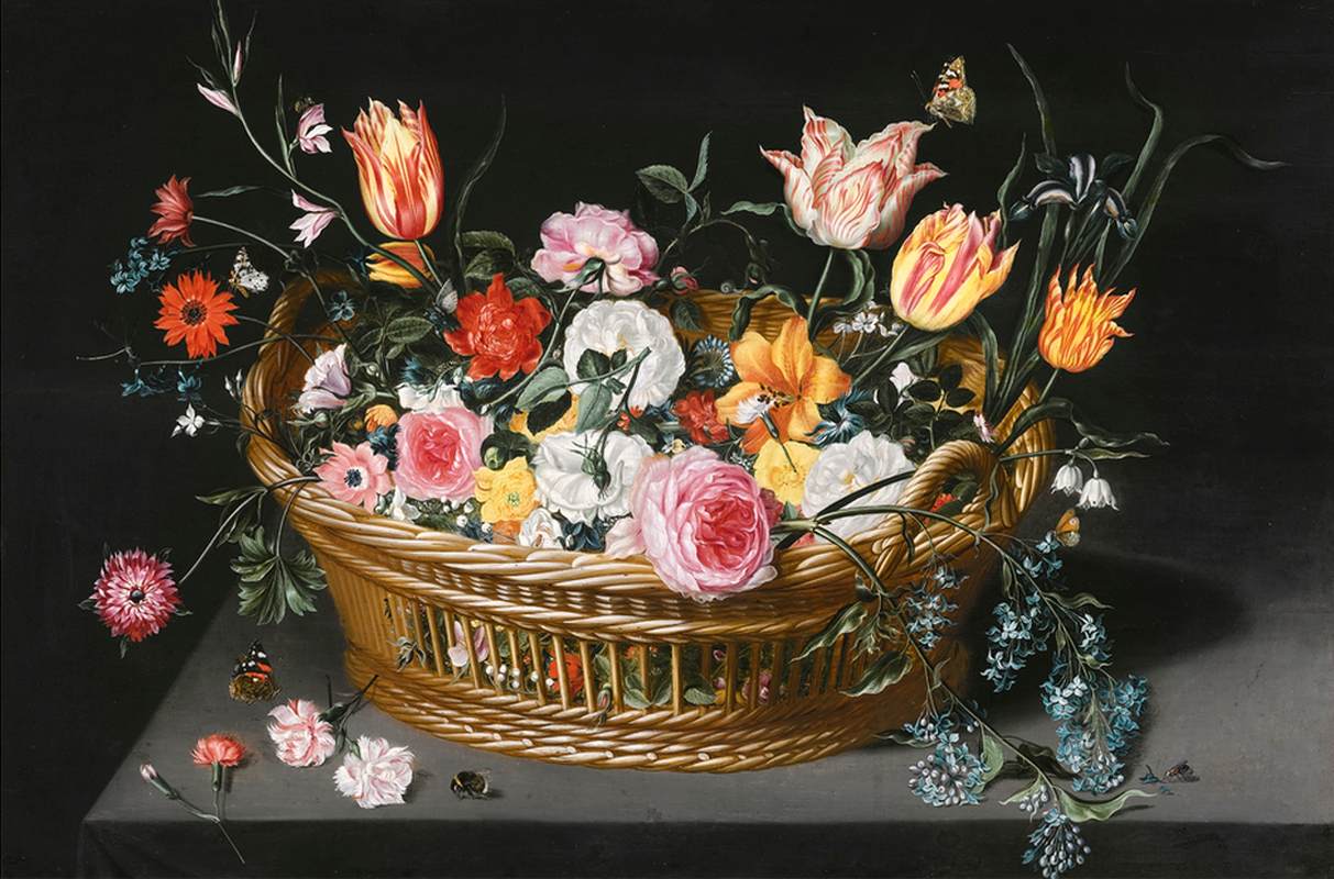 Still-Life of Flowers in a Basket on a Stone Ledge