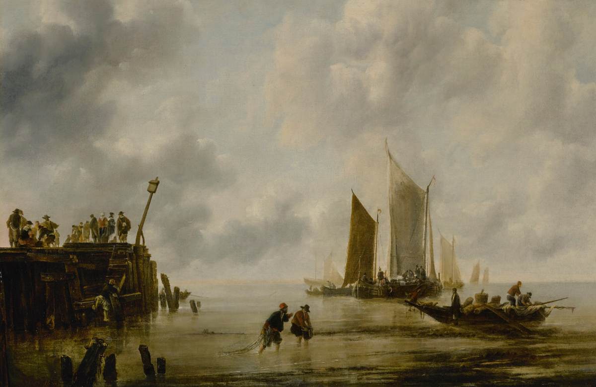 Seascape with Fishermen and Figures on a Pier