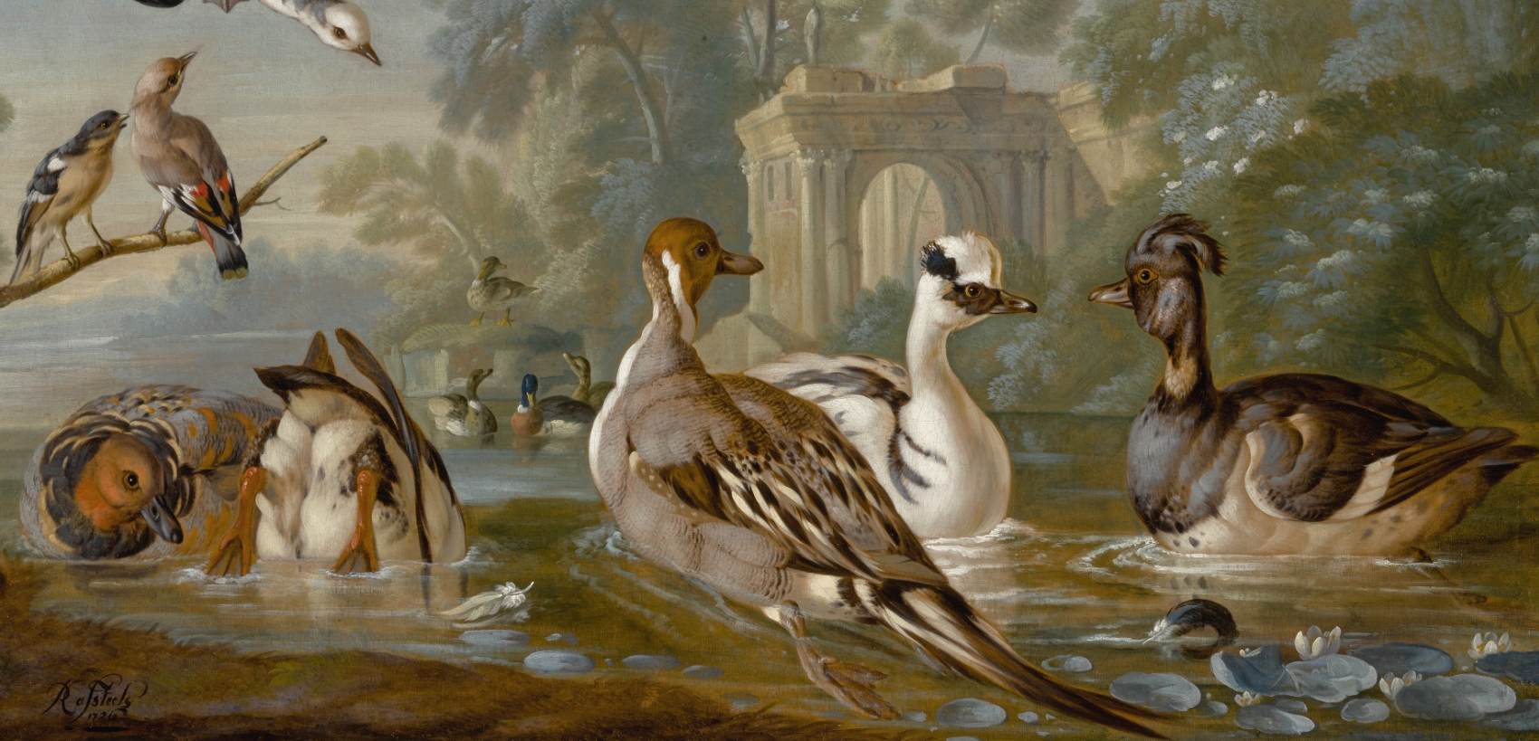 Waterfowl on a Pond with Other Birds in a Parkland Setting (detail)