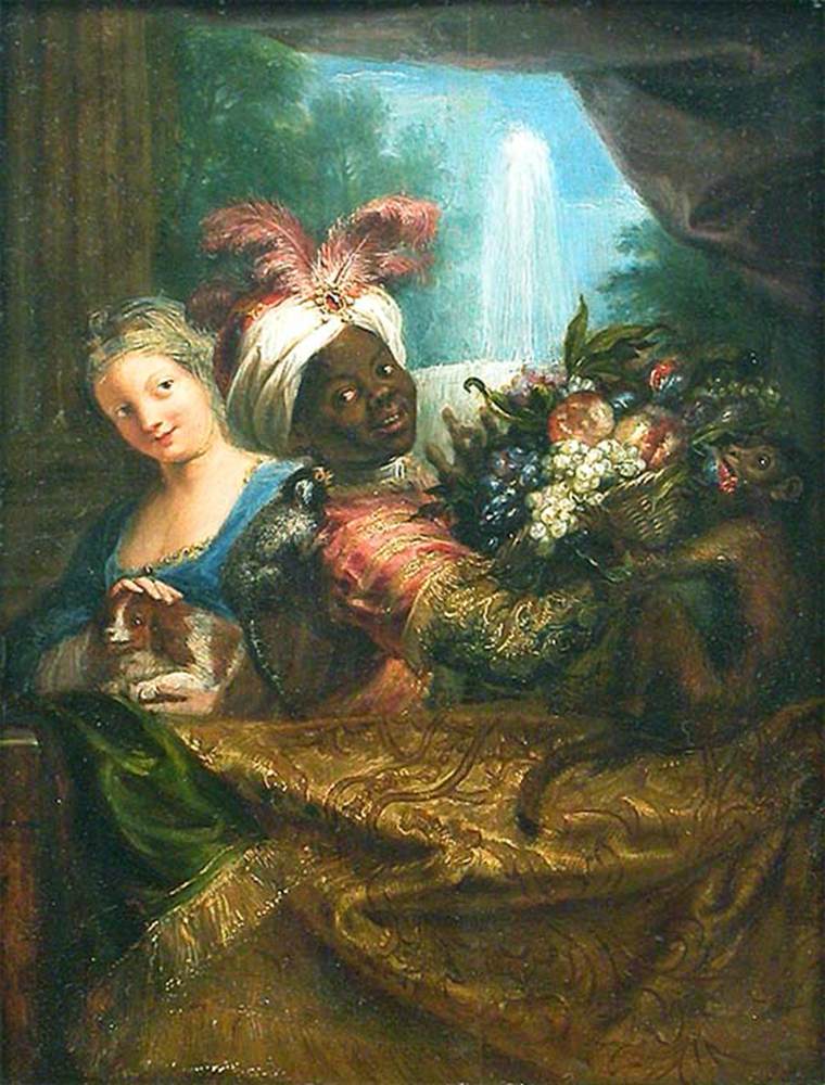 Young Black Man Holding a Basket of Fruit and Young Woman Stroking a Dog