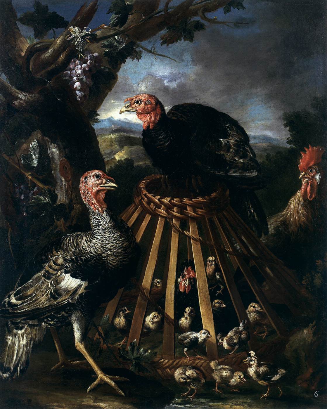 Turkeys, Cock, Mother Hen, and Chicks in the Countryside