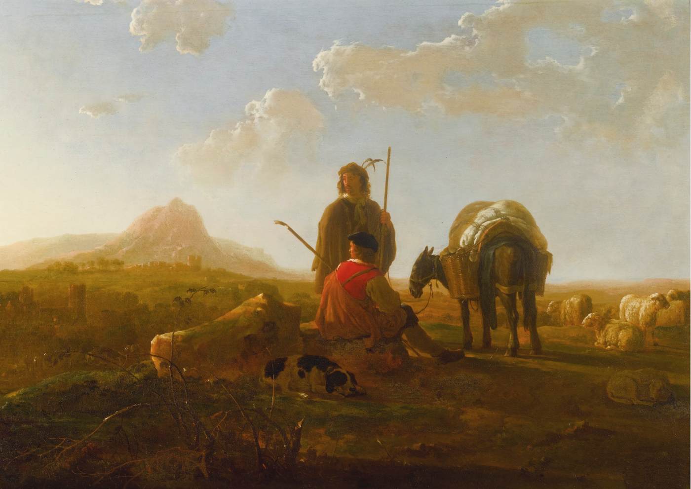 Two Shepherds with a Mule and a Dog in a Hilly Landscape