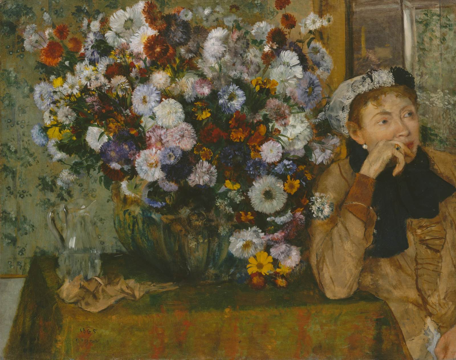 Woman Leaning on an Elbow beside a Vase of Flowers