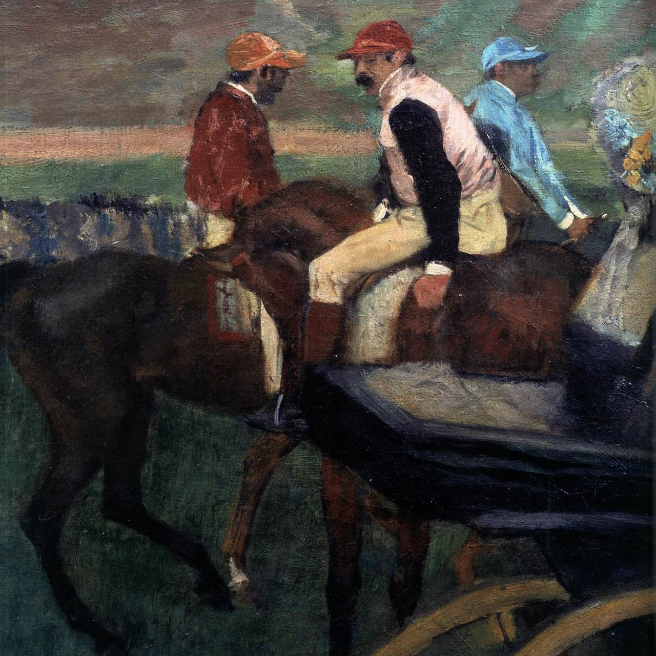 The Race Track. Amateur Jockeys by a Carriage (detail)