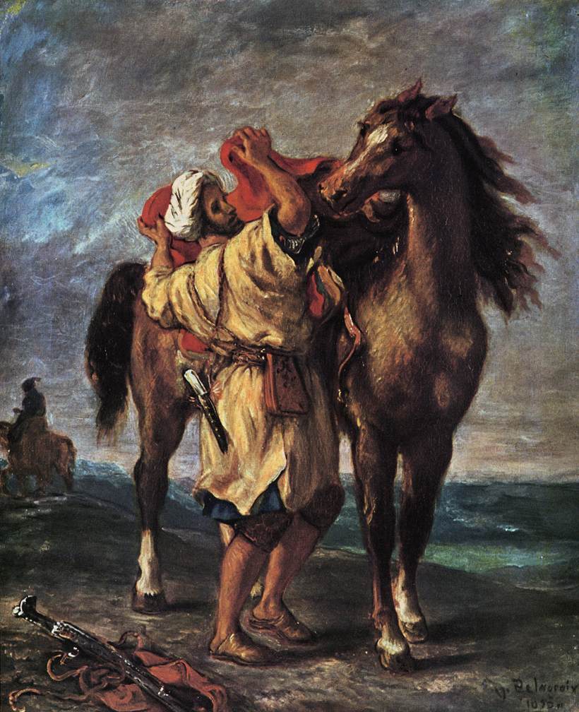 A Moroccan Saddling a Horse