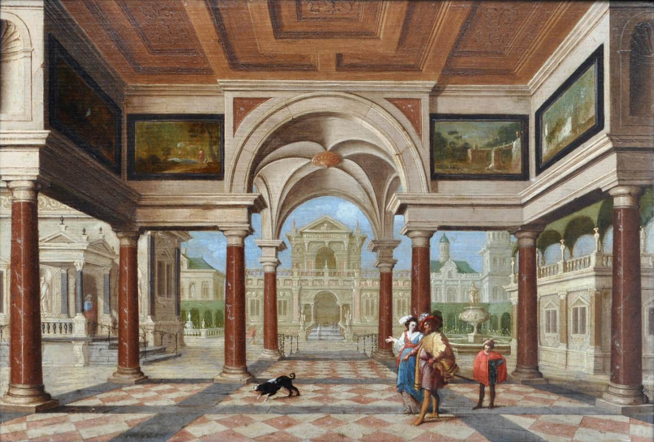 Figures Strolling under a Palace Loggia