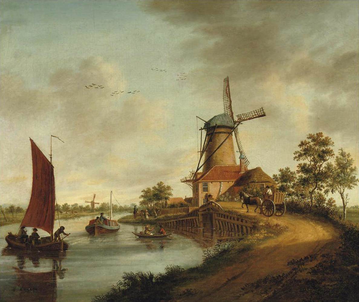 View of a Trekschuit (tug boat) and Windmill along the Vliet