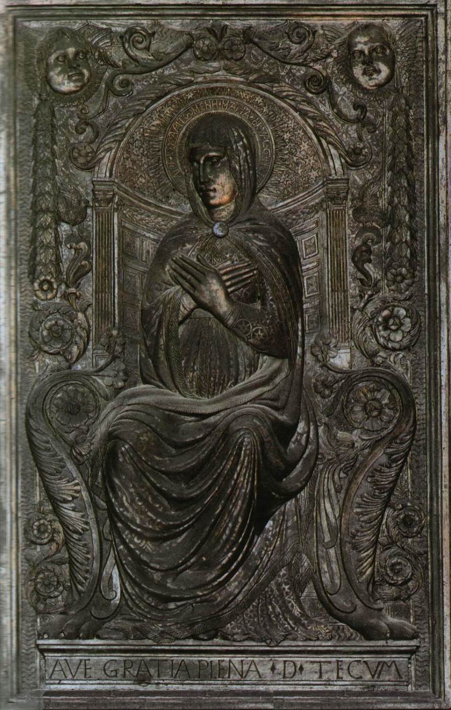 Bronze door: Mary Enthroned