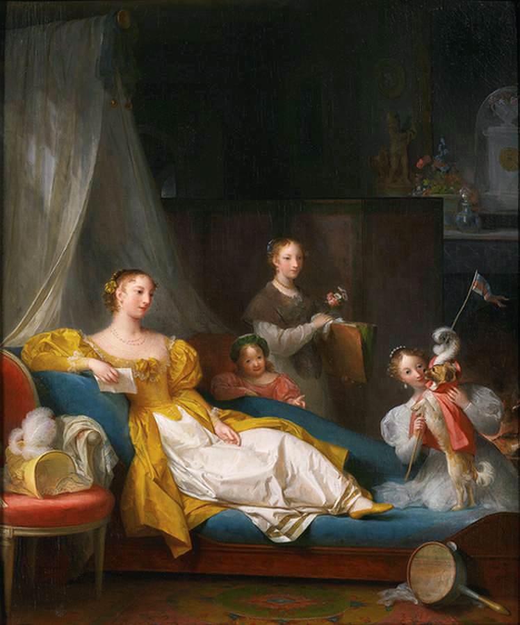A Family in an Interior Playing with a Dog