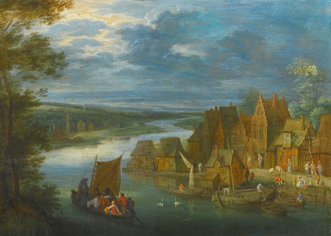 Village by a River with a Sailing Boat
