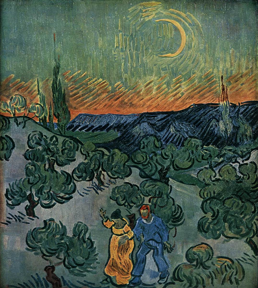 Landscape with Couple Walking and Crescent Moon
