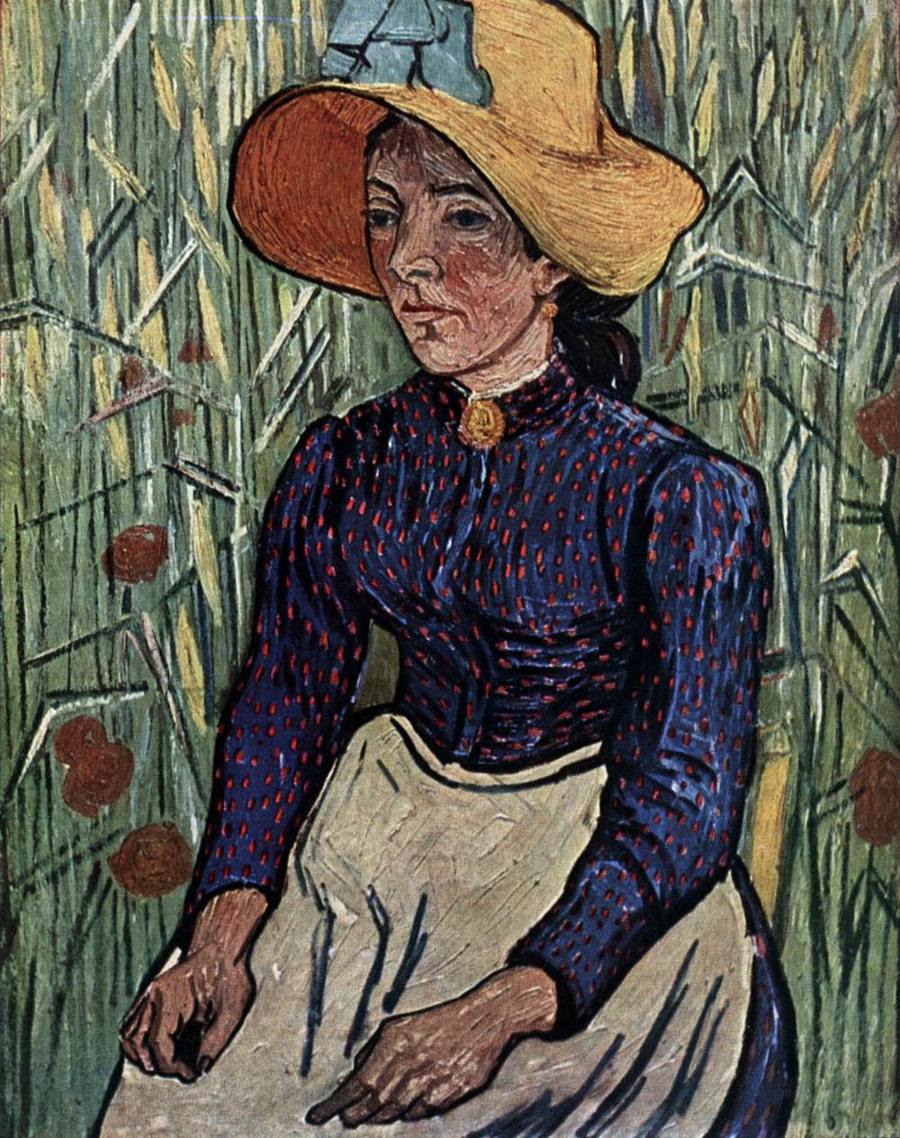 Young Peasant Woman with Straw Hat Sitting in the Wheat