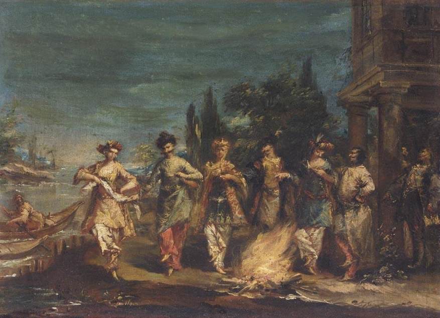 Three Couples in Exotic Dress Dancing in front of a Fire
