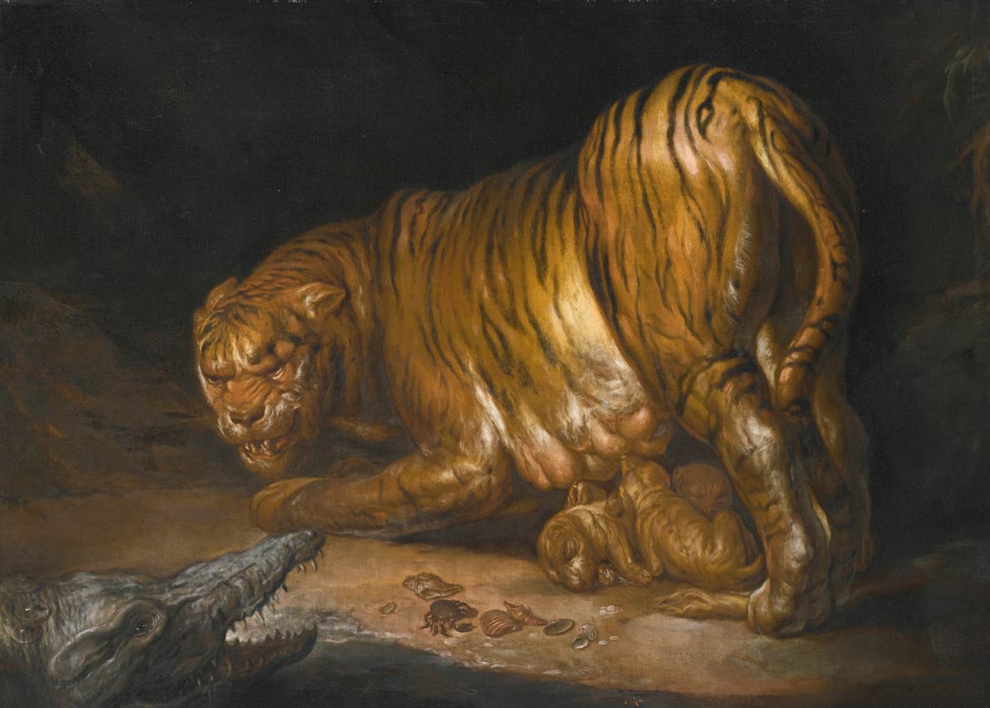 A Tigress with her Cubs Threatened by a Crocodile