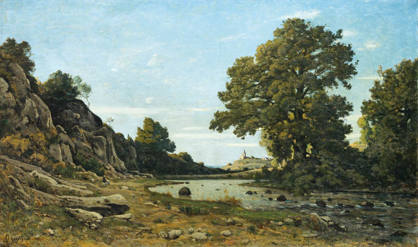 River Landscape with a Village in the Background