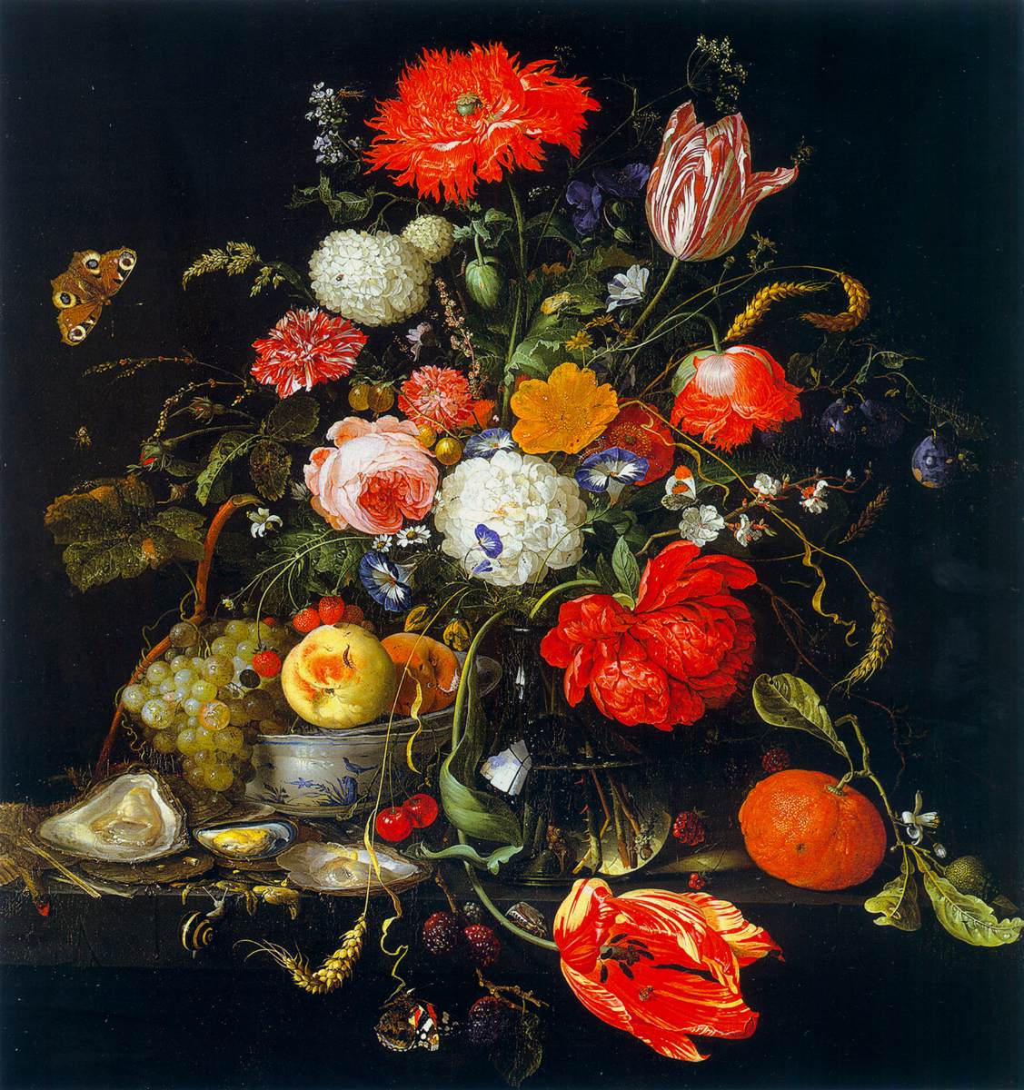 Flower Still-Life with a Bowl of Fruit and Oysters