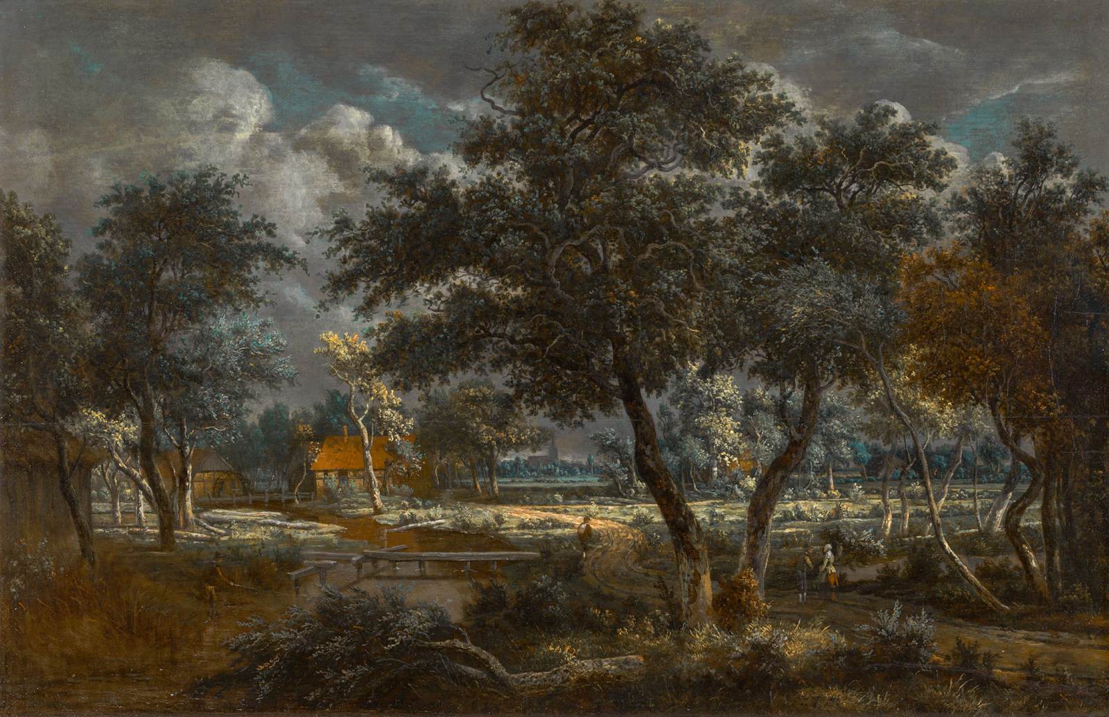 A Wooded Landscape with Peasants on a Path and an Angler at a Stream
