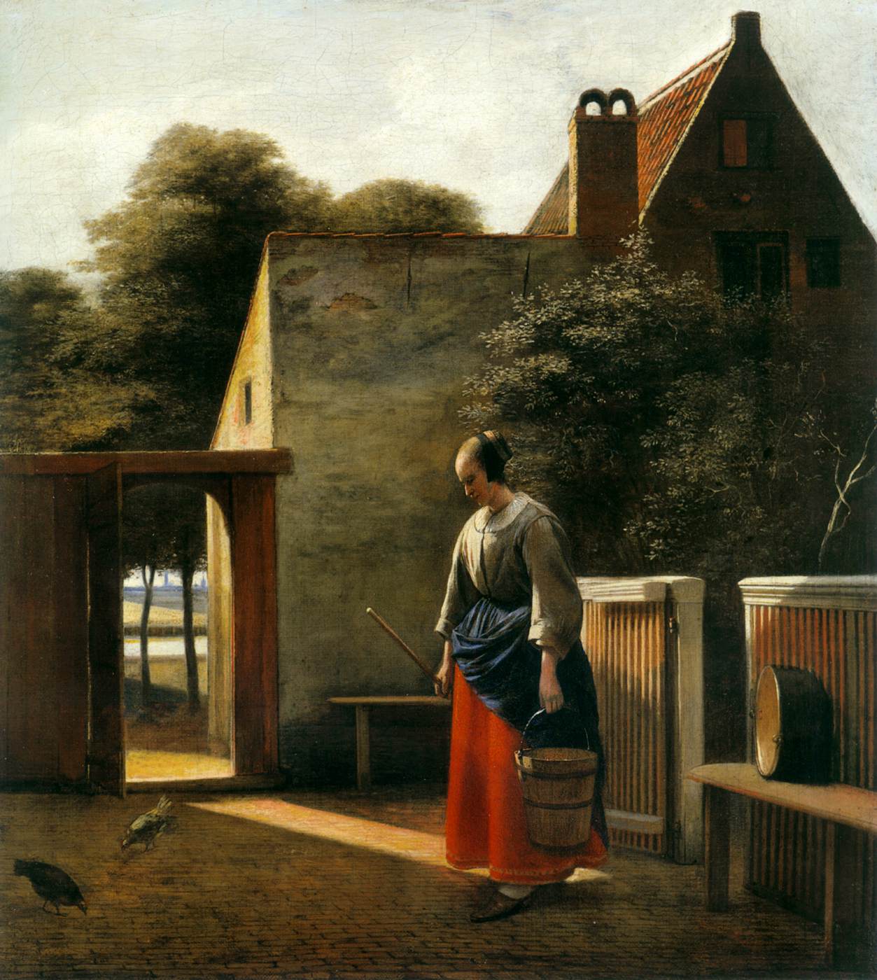 Maid with a Broom and a Pail in a Sunlit Courtyard