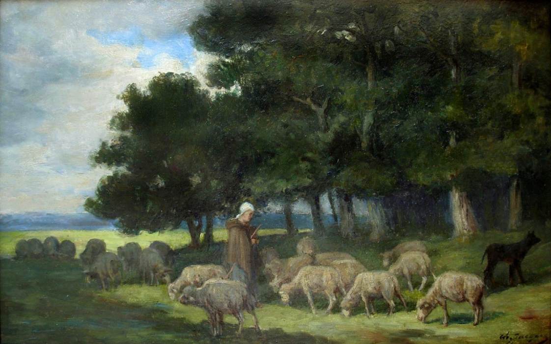 Shepherdess and Sheep at the Edge of the Forest