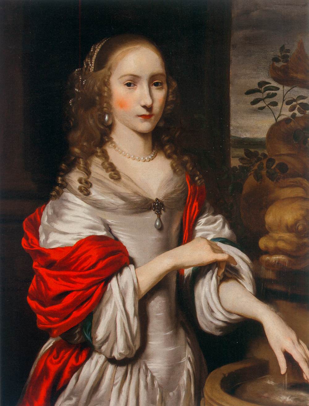 Portrait of a Young Girl Standing near a Fountain