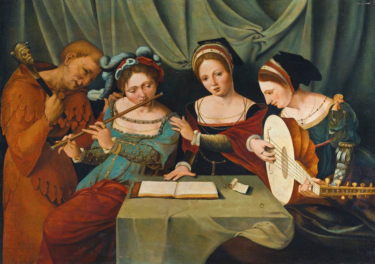 Three Young Women Making Music with a Jester