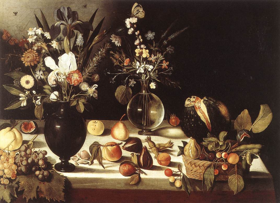 A Table Laden with Flowers and Fruit