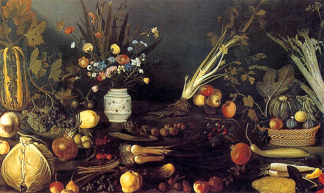 Flowers, Fruit, Vegetables and Two Lizards