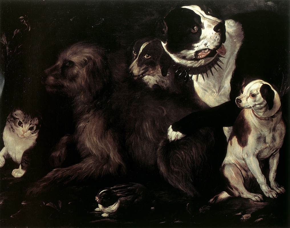 Portrait of Dogs with a Cat and a Rabbit