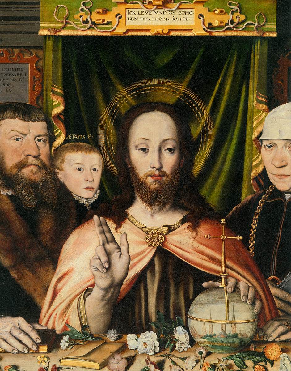 Christ Blessing, Surrounded by a Donor Family (central panel, detail)
