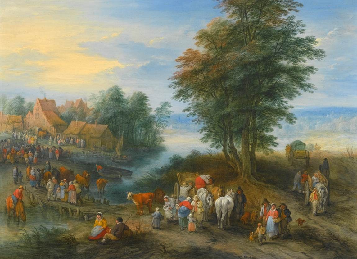 Travellers Unpacking Their Carts and Entering a Village