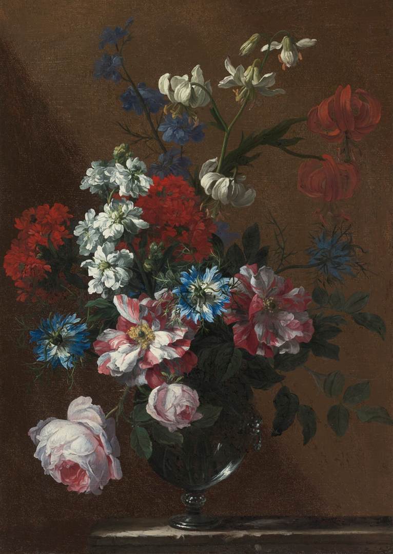 Bouquet of Flowers in Glass Vase on Marble Ledge