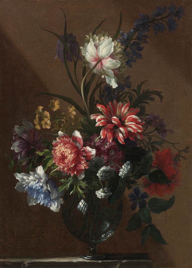 Bouquet of Flowers in Glass Vase on Marble Ledge