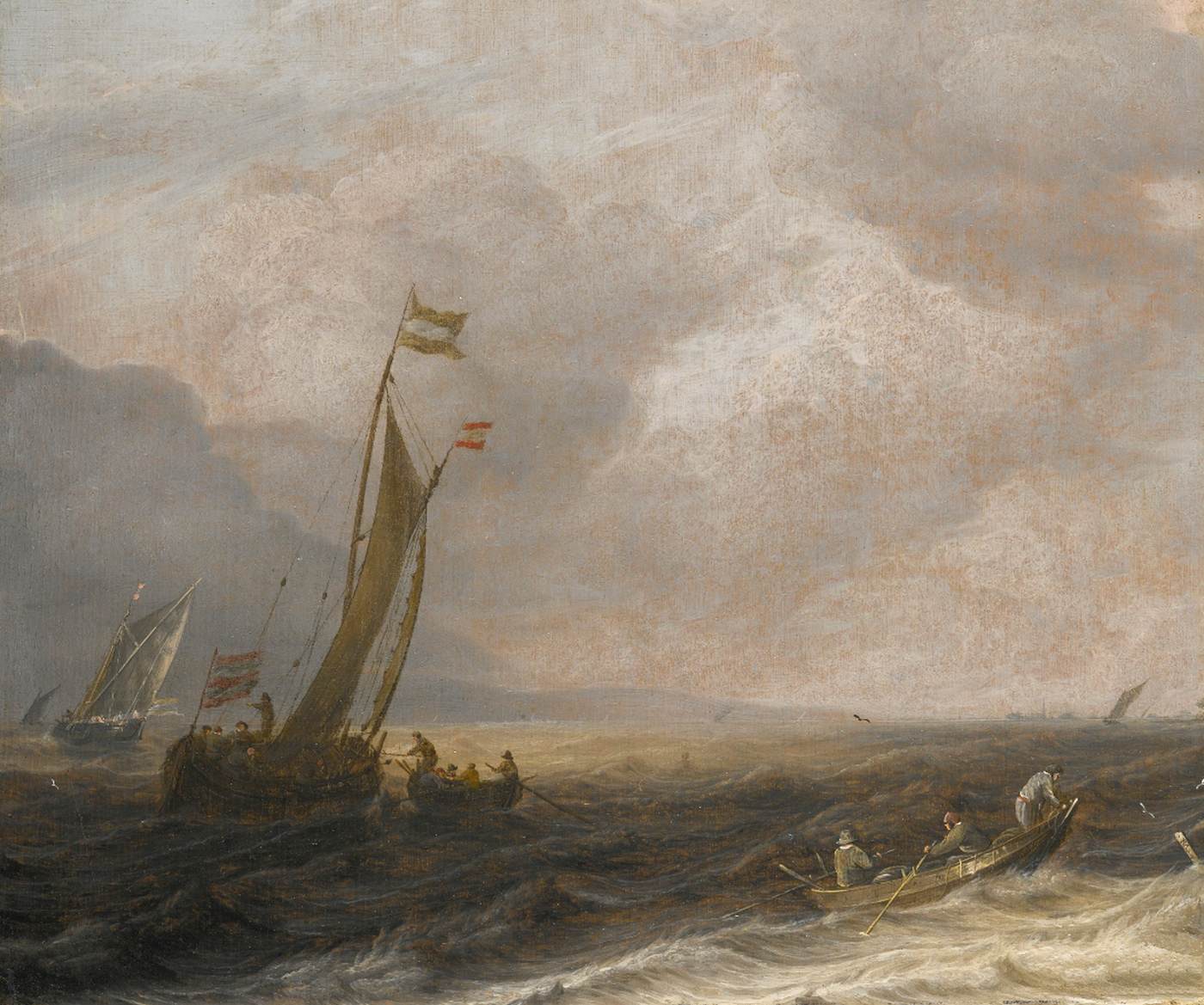 A Kaag on a Choppy Sea, a Rowing Boat in the Foreground