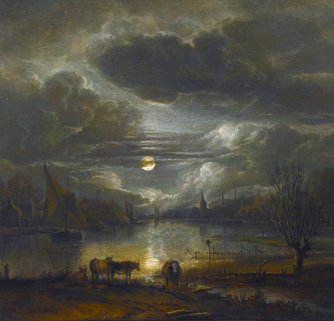Wide River Landscape by Moonlight with Four Cows