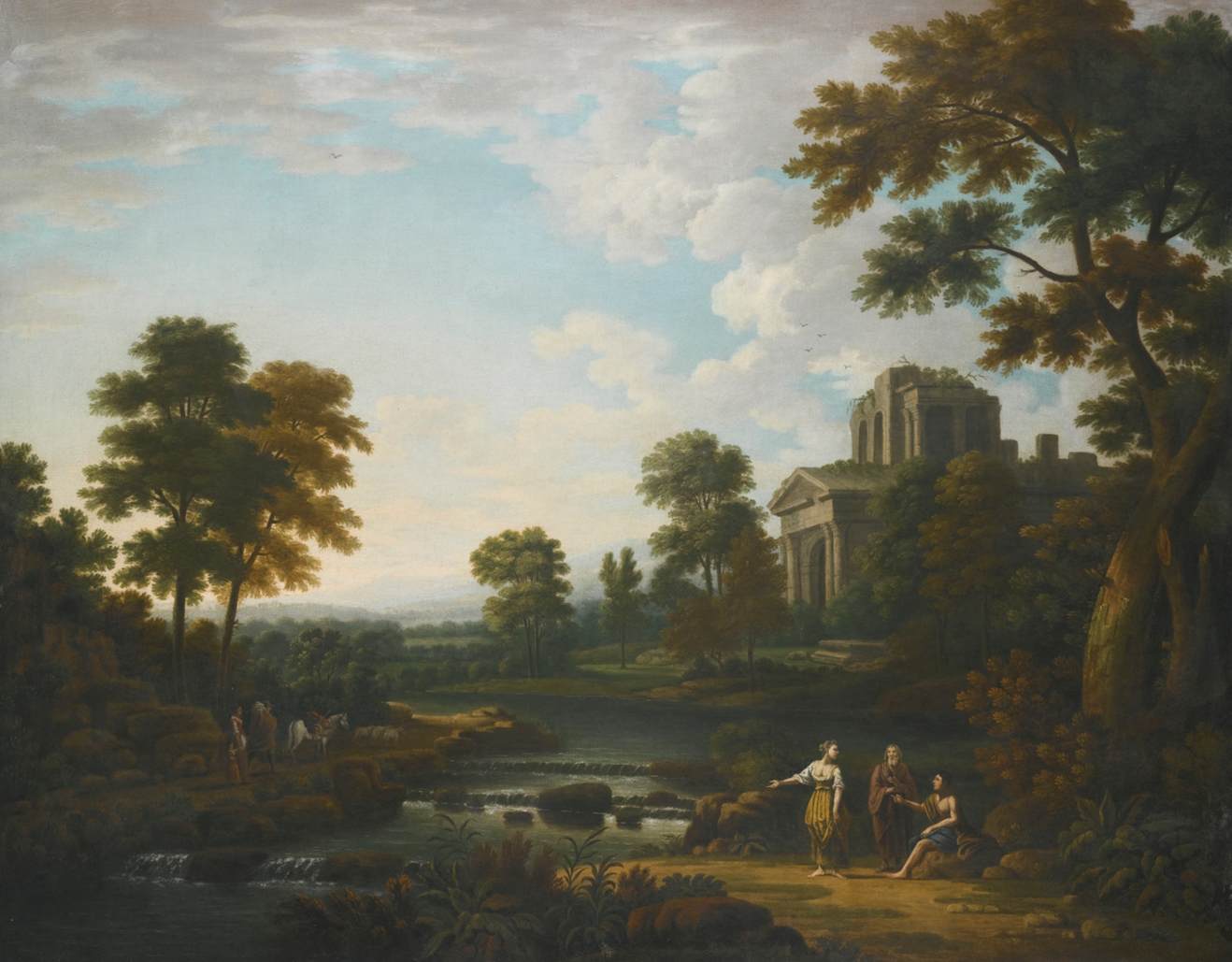 Arcadian Landscape with Figures beside a Weir