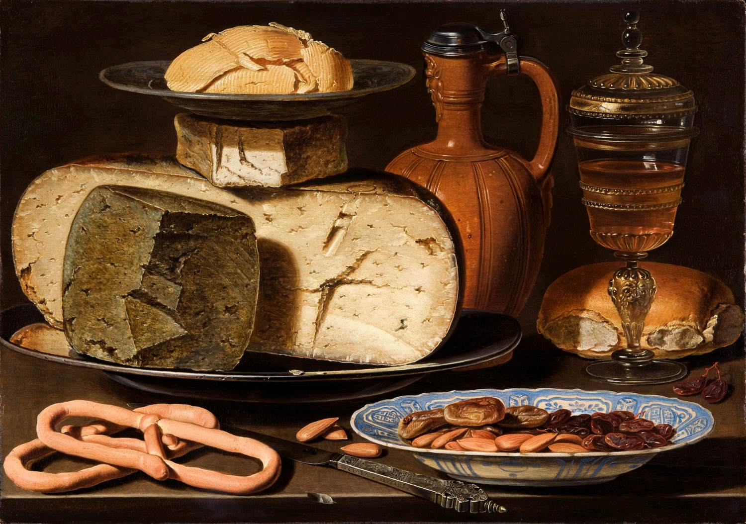 Still-Life with Cheeses, Almonds and Pretzels
