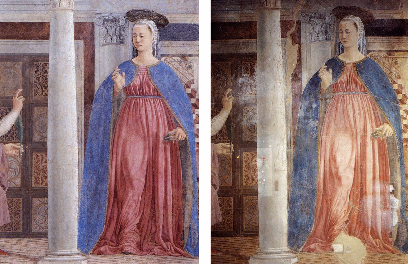 A detail after and before restoration