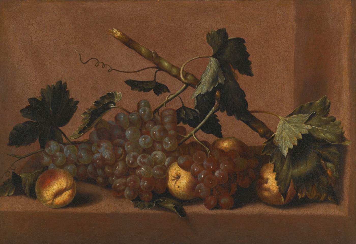 Still-Life of Peaches and Grapes on a Stone Ledge