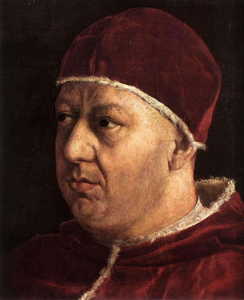 Pope Leo X with Cardinals Giulio de' Medici and Luigi de' Rossi (detail)