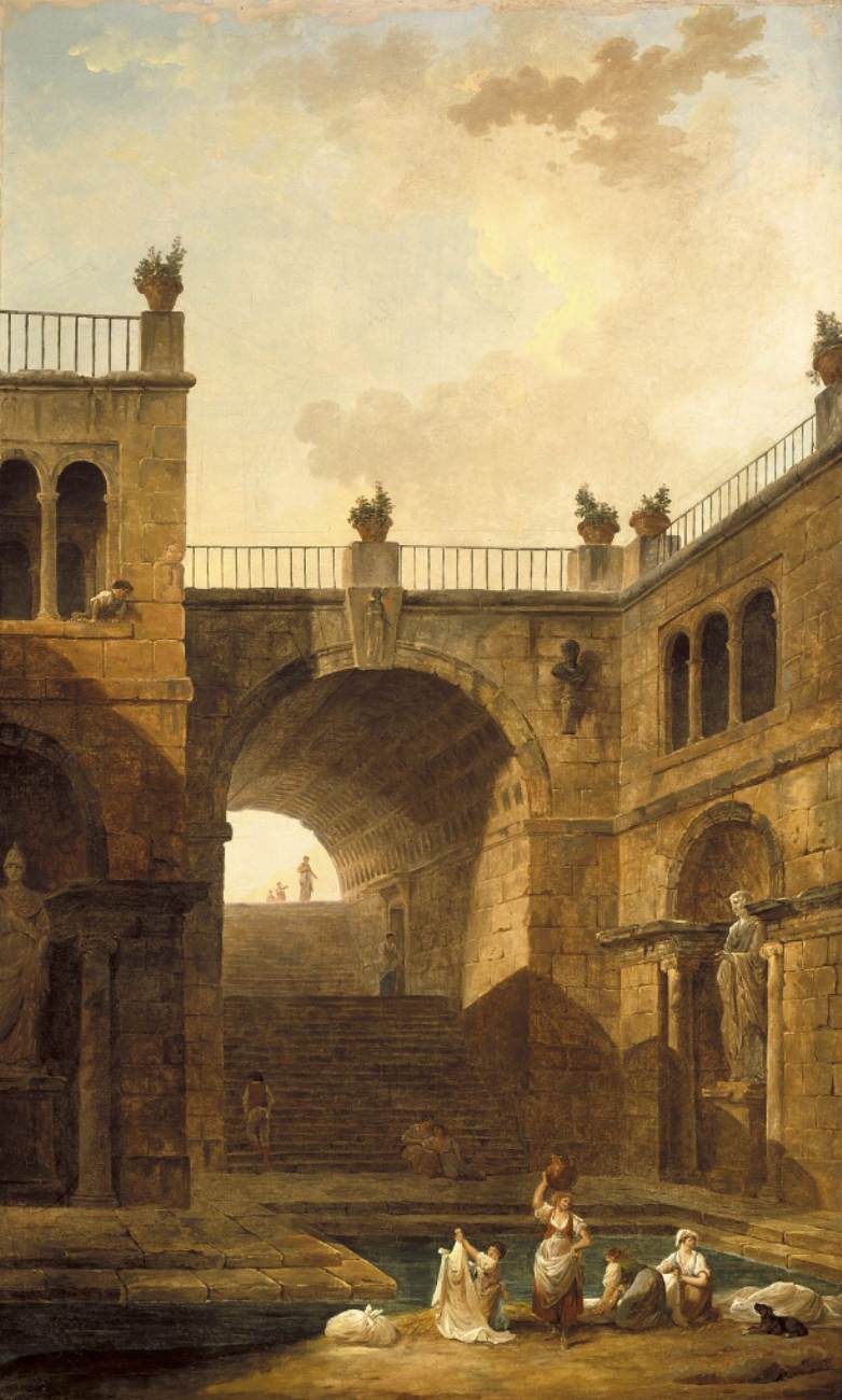 Architectural Scene with Women Washing Clothes at a Pool