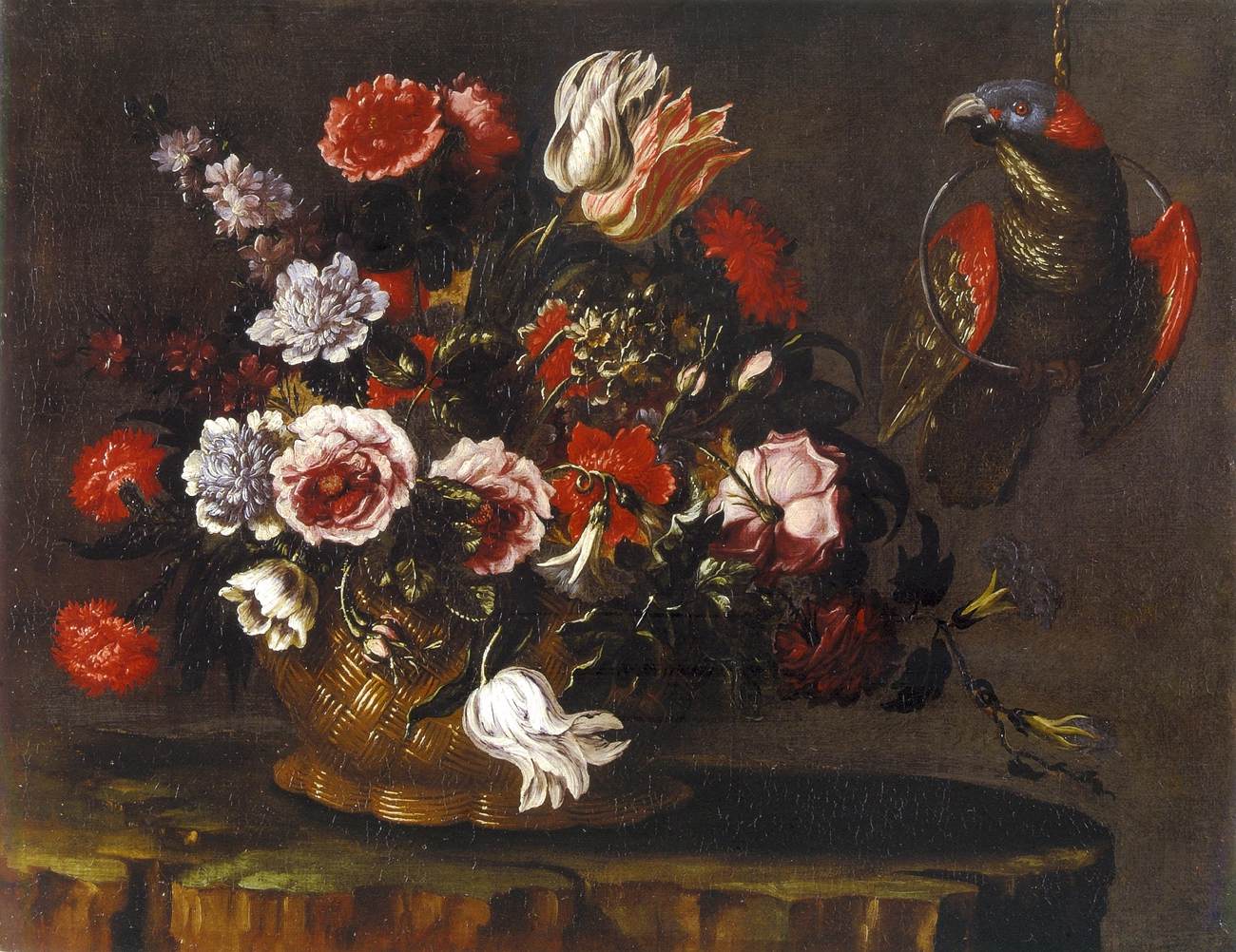 Basket of Flowers with Parrot