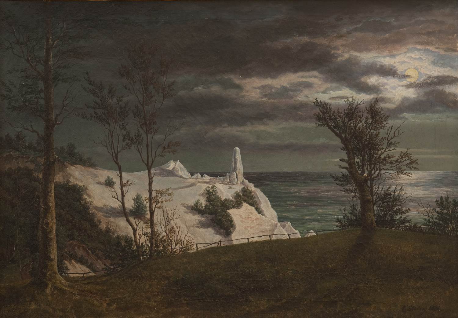 The "Summer Spire" on the Chalk Cliffs of the Island Møn. Moonlight